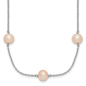 Sterling Silver Rhodium-plated 7-8mm Pink Semi-Round Freshwater Cultured Pearl 9-Station 18 inch Necklace