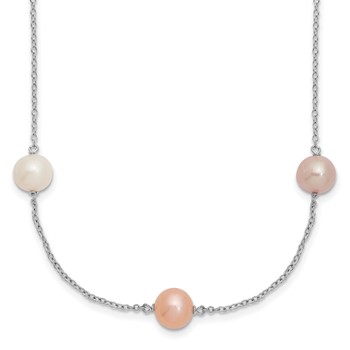 "Sterling Silver Rhodium-plated 7-8mm White, Pink and Purple Near-Round Freshwater Cultured Pearl 9-Station 18 inch Necklace"
