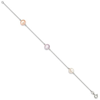 "Sterling Silver Rhodium-plated 7-8mm White, Pink and Purple Semi-Round Freshwater Cultured Pearl 3-Station 7.5 inch Bracelet" — alternate view