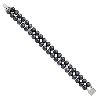 Sterling Silver Rhodium-plated 7-8mm Black Near-Round Freshwater Cultured Pearl and CZ 2-strand 7.5 inch Bracelet — alternate view