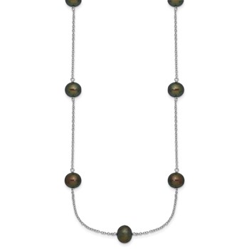 Sterling Silver Rhodium-plated 7-8mm Black Semi-Round Freshwater Cultured Pearl 9-Station 18 inch Necklace — alternate view