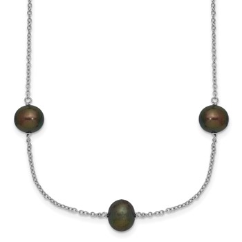 Sterling Silver Rhodium-plated 7-8mm Black Semi-Round Freshwater Cultured Pearl 9-Station 18 inch Necklace
