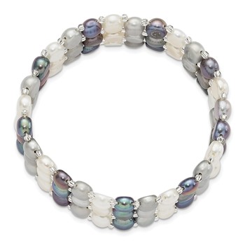 "6-7mm Button Black, Grey and White Freshwater Cultured Pearl and Glass Beaded 3-row Stretch Bracelet" — alternate view