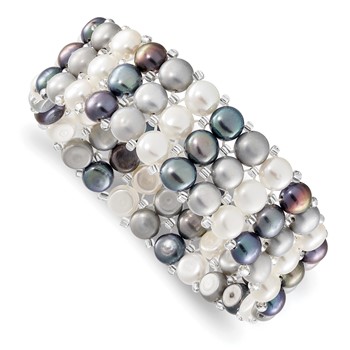 "6-7mm Button Black, Grey and White Freshwater Cultured Pearl and Glass Beaded 3-row Stretch Bracelet"