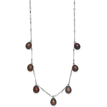 Sterling Silver Rhodium-plated 7-8mm Black Teardrop Freshwater Cultured Pearl Dangle 7-Station 17.5 inch Necklace — alternate view