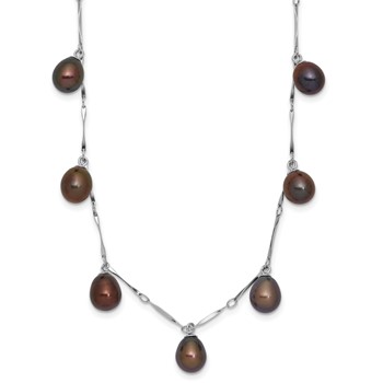 Sterling Silver Rhodium-plated 7-8mm Black Teardrop Freshwater Cultured Pearl Dangle 7-Station 17.5 inch Necklace