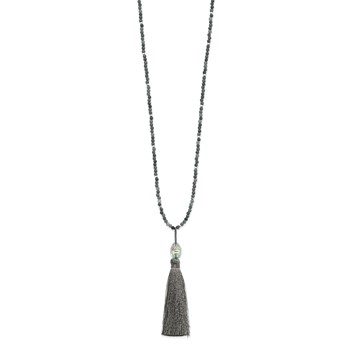 SS Green Glass/Hematite/Grey Quartz w/Nylon Tassel Drop Necklace — alternate view