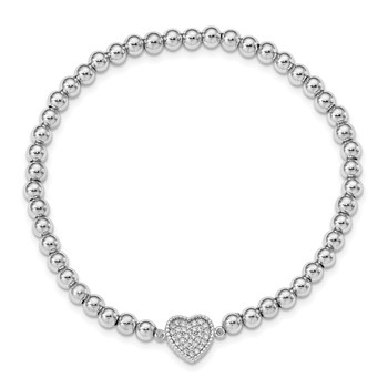 Sterling Silver Rhodium-plated Polished Beaded CZ Heart Stretch Bracelet — alternate view