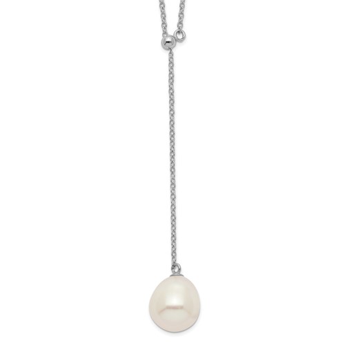 Sterling Silver Rhod-plat 10-11mm White Teardrop FWC Pearl Drop Necklace