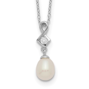 Sterling Silver Rhodium-plated 6-7mm White Teardrop Freshwater Cultured Pearl and CZ 17 inch Necklace