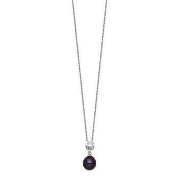 Sterling Silver Rhodium-plated 8-9mm Black Rice Freshwater Cultured Pearl and CZ 17 inch Necklace — alternate view