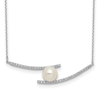Sterling Silver Rhodium-plated 7-8mm White Button Freshwater Cultured Pearl and CZ 17 inch Necklace