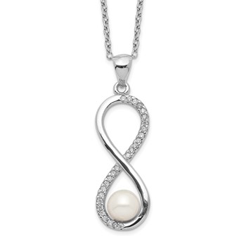 Sterling Silver Rhodium-plated 5-6mm White Round Freshwater Cultured Pearl and CZ Infinity 17 inch Necklace