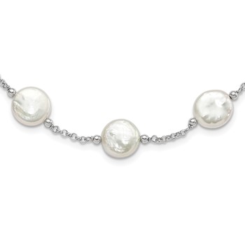 Sterling Silver Rhodium-plated 12-13mm White Coin Freshwater Cultured Pearl 13-station 18 inch Necklace