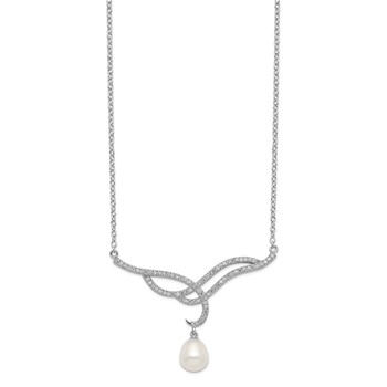 Sterling Silver Rhodium-plated 8-9mm White FWC Pearl Drop CZ Necklace — alternate view