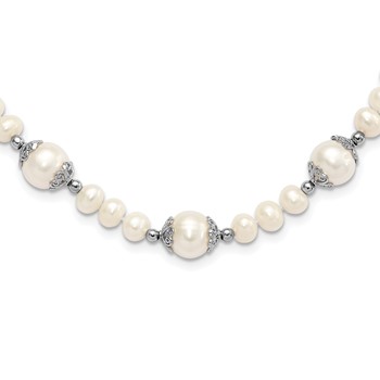 Sterling Silver Rhodium-plated 6-9mm White Freshwater Cultured Pearl 5-station 18 inch Necklace
