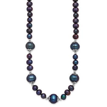 Sterling Silver Rhodium-plated 6-9mm Black Near Round Freshwater Cultured Pearl 5-station 18 inch Necklace — alternate view