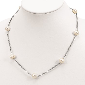 Sterling Silver Rhod-plat 9-10mm White Baroq FWC Pearl 7-stat Necklace — alternate view