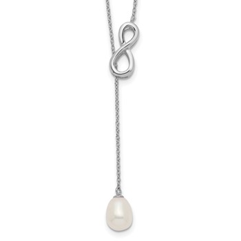 Sterling Silver Rhodium-plated 7-8mm White Teardrop Freshwater Cultured Pearl Infinity Lariat Drop 24 inch Necklace
