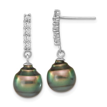 Sterling Silver Rhodium-plated 9-10mm Black Teardrop Tahitian Saltwater Pearl and CZ 17 inch Necklace and Post Dangle Earrings Set — alternate view