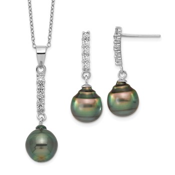 Sterling Silver Rhodium-plated 9-10mm Black Teardrop Tahitian Saltwater Pearl and CZ 17 inch Necklace and Post Dangle Earrings Set
