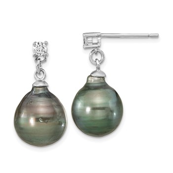Sterling Silver Rhodium-plated 9-10mm Black Teardrop Tahitian Saltwater Cultured Pearl and CZ 17 inch Necklace and Post Dangle Earrings Set — alternate view