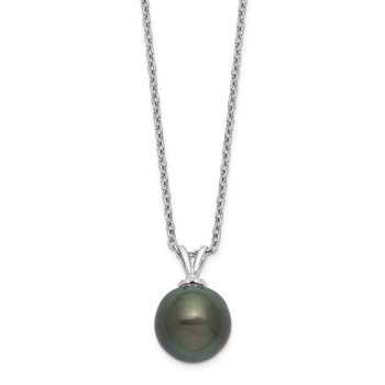 Sterling Silver Rhodium-plated 9-10mm Black Teardrop Tahitian Saltwater Cultured Pearl 17 inch Necklace