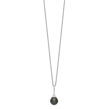 Sterling Silver Rhodium-plated 9-10mm Black Teardrop Tahitian Saltwater Cultured Pearl 17 inch Necklace — alternate view