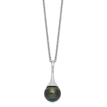 Sterling Silver Rhodium-plated 9-10mm Black Teardrop Tahitian Saltwater Cultured Pearl 17 inch Necklace