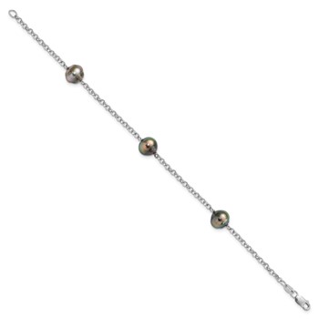 Sterling Silver Rhodium-plated 8-9mm Black Baroque Tahitian Saltwater Cultured Pearl 3-Station 7.5 inch Bracelet — alternate view