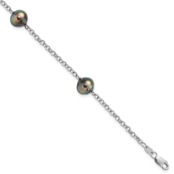 Sterling Silver Rhodium-plated 8-9mm Black Baroque Tahitian Saltwater Cultured Pearl 3-Station 7.5 inch Bracelet