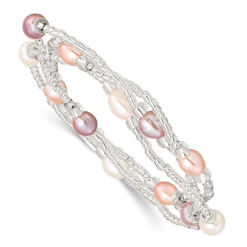 6-8mm Wht/Pi/Pu Rice FWC Pearl and Glass Bead Stretch 3-Bracelet Set