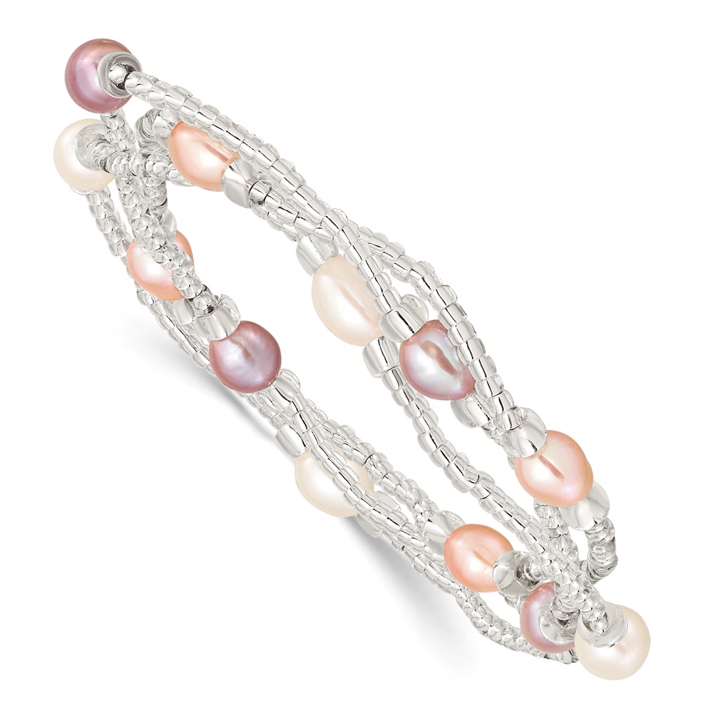 6-8mm Wht/Pi/Pu Rice FWC Pearl and Glass Bead Stretch 3-Bracelet Set