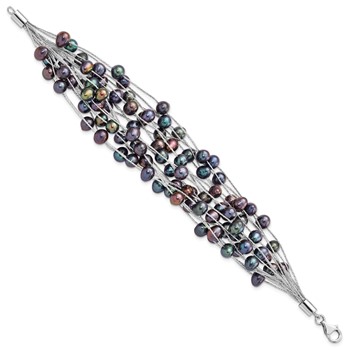 Sterling Silver Rhodium-plated 6-7mm Black Semi-Round Freshwater Cultured Pearl Multi Strand 7.5 inch Bracelet — alternate view