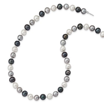 "Sterling Silver Rhodium-plated 8-9mm Black, Green and White Semi-Round Freshwater Cultured Pearl 18 inch Necklace" — alternate view