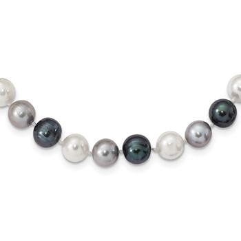 "Sterling Silver Rhodium-plated 8-9mm Black, Green and White Semi-Round Freshwater Cultured Pearl 18 inch Necklace"