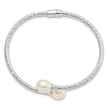 Sterling Silver Rhodium-plated 8-9mm White Rice Freshwater Cultured Pearl Hinged Bangle — alternate view