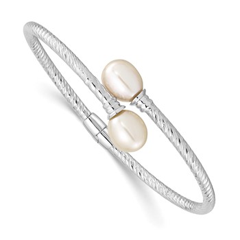 Sterling Silver Rhodium-plated 8-9mm White Rice Freshwater Cultured Pearl Hinged Bangle