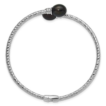 Sterling Silver Rhodium-plated 8-9mm Black Rice Freshwater Cultured Pearl Hinged Bangle — alternate view