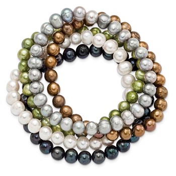 "6-7mm Green, Grey, White, Black and Brown Semi-Round Freshwater Cultured Pearl 5-piece Stretch Bracelet Set " — alternate view