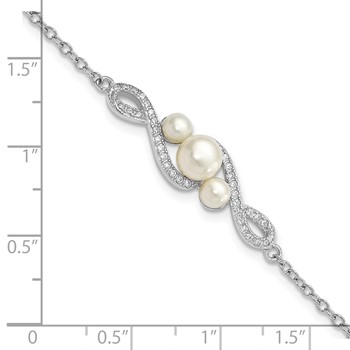 Sterling Silver Rhodium-plated 4-7mm White Button Freshwater Cultured Pearl and CZ 7 inch with 2 inch Extension Bracelet — alternate view
