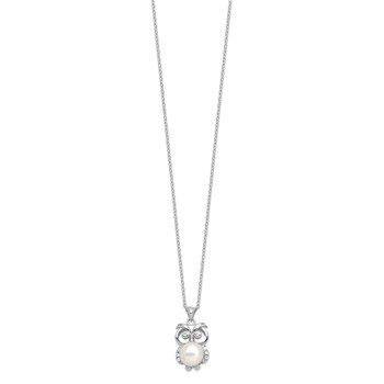 Sterling Silver Rhodium-plated 8-9mm White Button Freshwater Cultured Pearl and CZ Owl 17 inch Necklace — alternate view