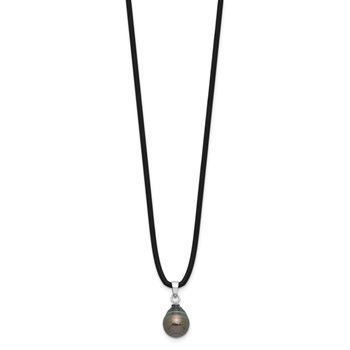 Sterling Silver Rhodium-plated 9-10mm Black Teardrop Tahitian Saltwater Cultured Pearl 18 inch Black Silicone Necklace — alternate view