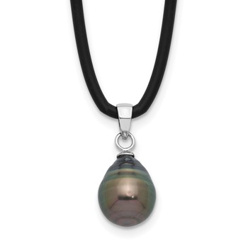 Sterling Silver Rhodium-plated 9-10mm Black Teardrop Tahitian Saltwater Cultured Pearl 18 inch Black Silicone Necklace