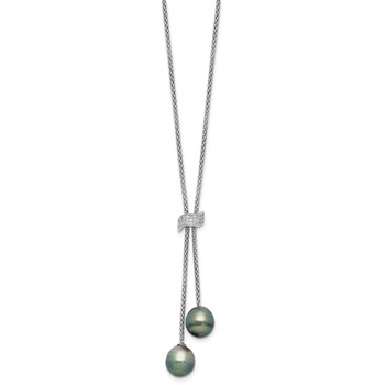 Sterling Silver Rhodium-plated 7-8mm Black Teardrop Tahitian Saltwater Cultured Pearl and CZ Dangle 18 inch with 2 inch Extension Necklace — alternate view