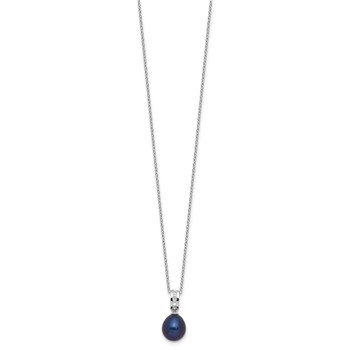 Sterling Silver Rhodium-plated 8-9mm Black Teardrop Freshwater Cultured Pearl and CZ 17 inch Necklace — alternate view
