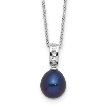 Sterling Silver Rhodium-plated 8-9mm Black Teardrop Freshwater Cultured Pearl and CZ 17 inch Necklace