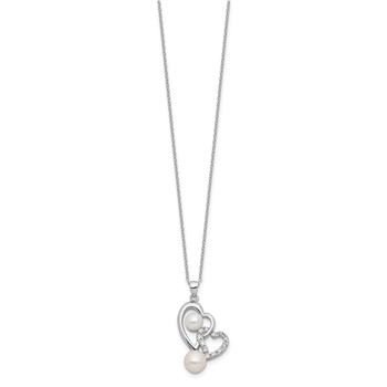 Sterling Silver Rhodium-plated 6-7.5mm White Button Freshwater Cultured Pearl and CZ Double Heart 17 inch Necklace — alternate view