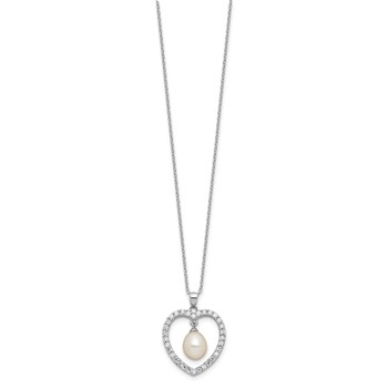 Sterling Silver Rhodium-plated 8-8.5mm White Teardrop Freshwater Cultured Pearl and CZ Heart 17 inch Necklace — alternate view