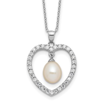 Sterling Silver Rhodium-plated 8-8.5mm White Teardrop Freshwater Cultured Pearl and CZ Heart 17 inch Necklace